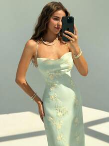 Aloruh 全新复古绿色花卉提花刺绣浪漫度假修身连衣裙，适合海滩度假，淡绿色茶长连衣裙 - 綠色 - 查看 6