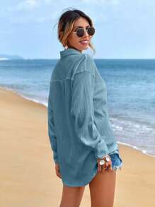 EURMUSE Women's Solid Color Drop Shoulder Long Sleeve Single-Breasted Casual Shirt - Blue - View 2