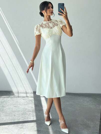 Firerie 女士优雅精致浪漫端庄日常度假舞会聚会约会网眼拼接透明短袖高腰 A 字中长连衣裙，香槟色