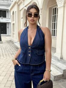 Jeanoix Plus Size Women Casual Sleeveless Tie Front Jacket - Dark Wash - View 7