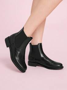 CUCCOO DOLLMOD 女士圆头平底时尚英伦风松紧带靴，黑色正装靴厚底女式踝靴短靴 - 黑色 - 查看 9