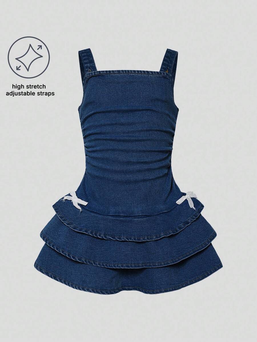 DENIMLY YOUNG GIRLS Y2K HIGH STRETCH BOW KNOT DRESS WITH STRAPS AND 3 LAYERS .Y2K AND CHIC Fall Winter