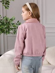 Tween Girl Solid Color Front Button Casual Long Sleeve Jacket Fall Winter - Pink - View 2