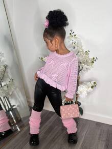 SHEIN Pink Crew Neck Ruffle Hem Short Sweater For Young Girls, Decorated With 3D Bow, Cute Princess Style, Suitable For Home, Outdoor, Party, Vacation,In Fall/Winter - Pink - View 6