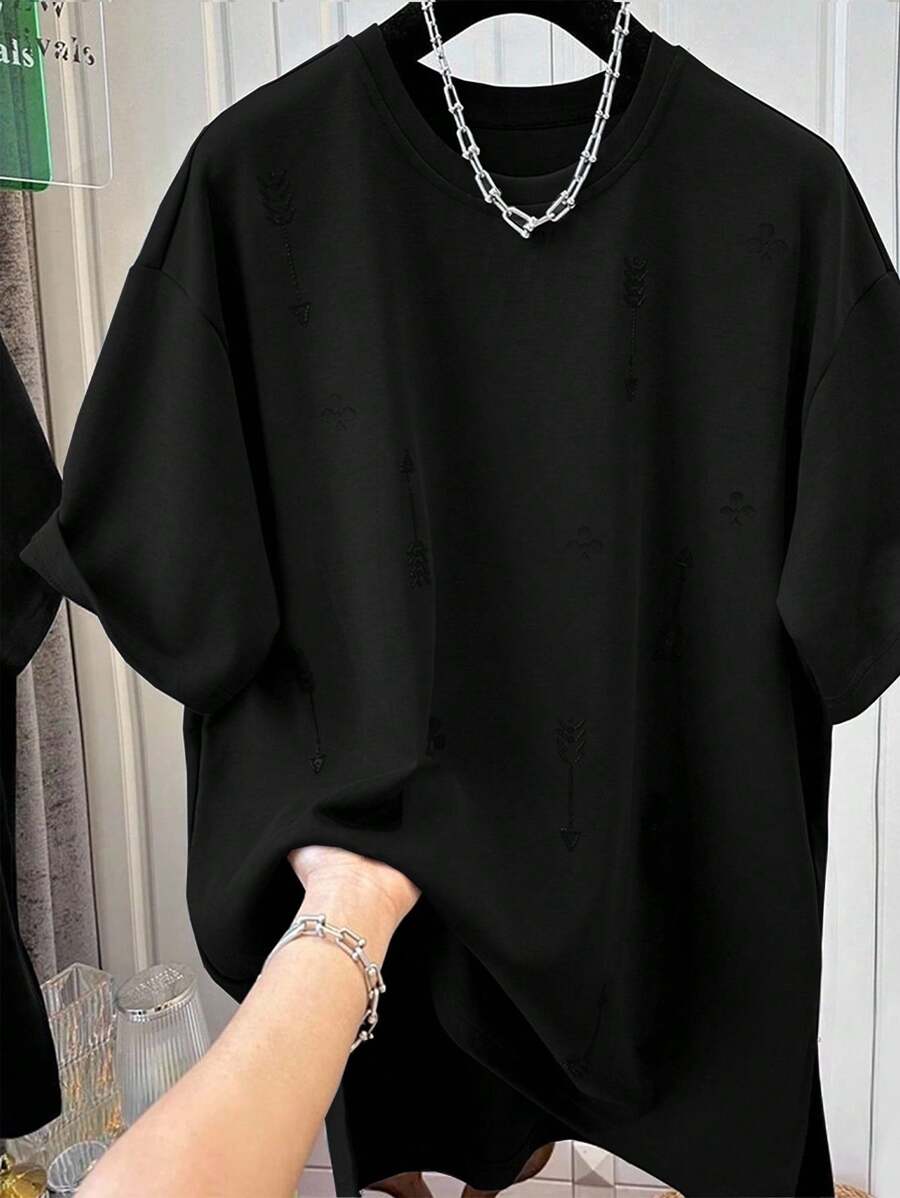 男士圆领黑色短袖T恤，适合日常穿着 - 黑色 - 查看 1