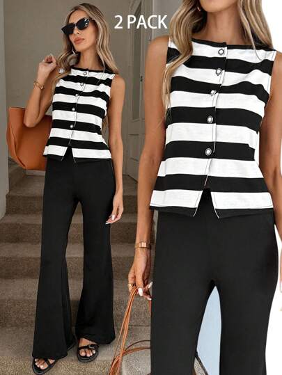 Easowa Black & White Striped Knit Vest Top And Black Skinny Flare Pants Women 2 Pieces Casual Suit Back To School Clothes Teacher Outfits Business Professional Women Leggings Set Flare Leggings Button Up Shirt Set Work Clothes Women Summer 2 Pieces Sets 2 Pieces Casual Sets Woman Striped Two Pieces Set Black And White Striped Top Black Flare Pants