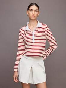 Activina 女式条纹长袖休闲运动 Polo 衫 - 紅白色 - 查看 3