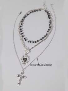 ROMWE Hippie 3pcs Gothic Dark Glass Crystal Cross, Heart Pendant Necklace, Personalized Hip Hop Multilayer Necklace For Women, Holiday Gift, Halloween - Silver - View 2