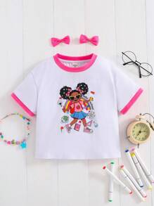 SHEIN Young Girl White Summer School Back-To-School Cartoon Pattern Contrast Color Round Neck Short Sleeve T-Shirt For Kindergarten Daily Wear Photo Shoots - White - View 1