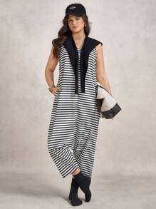 Zelara Plus Size Black & White Striped Sleeveless Casual Everyday Wear Sports Jumpsuit Navycore Outfits