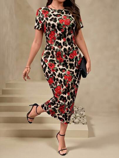 Chikora Plus Size Summer Elegant Leopard Print Rose Flower Pattern Valentine's Day Dress