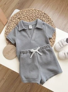 Baby Boy Casual Solid Color Knit Short Sleeve V-Neck Polo Shirt And Shorts Set - Light Grey - View 4