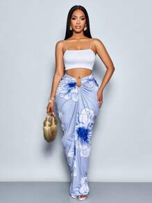SOLERSUN Women's Elegant Tropical Print Pleated Hollow Out Fashion Metal Ring Buckle Niche Design Gathered Ruched Skirt - Blue - View 3