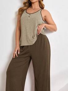 Knitted Casual Contrast Color Pajama Set (Top And Pants) - Apricot - View 5