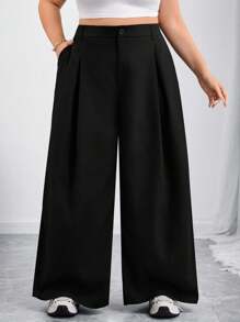 SHEIN CURVE+ Curve 大码/秋装/秋季女装/女冬装/冬装大码女式纯色纽扣休闲阔腿裤西装裤，女秋装女秋装，冬季，CURVE PLUS - 黑色 - 查看 4