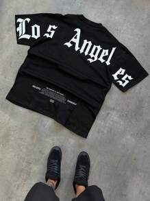 Manfinity EMRG Manfinity Streetrush Men's Letter Print Round Neck Casual Versatile Short Sleeve T-Shirt Streetwear Tee - Black - View 1