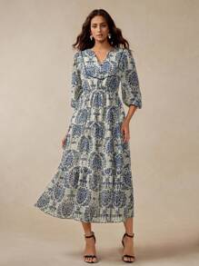 Florisole 女式波西米亚复古花卉印花 V 领荷叶边中长束腰连衣裙 - 藍色 - 查看 7