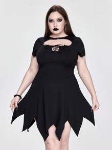 ROMWE Robe d'été pour femmes grandes tailles, col chauve-souris gothique, ourlet asymétrique ajouré - Noir - Voir 10