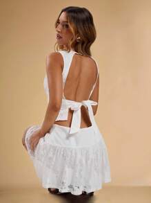 SHEIN BAE Women's Sexy Solid Color Lace Backless Tied Crop Tank Top, Summer - White - View 1