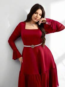 Modelyn Plus Size Elegant Party Ruched Flare Sleeve Dress - Burgundy - View 3