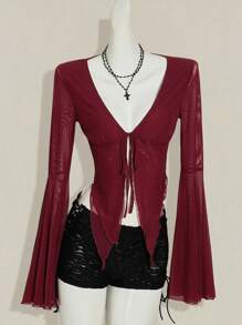 SHEIN ICON Y2k Fall Women's Western Burgundy Long Sleeve Going Out Solid Color Front Tie Flare Sleeve Fashionable T-Shirt - Burgundy - View 6