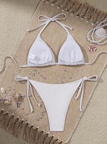 Swim Vcay 2 件套女士泳衣，全新夏季纯色吊带露背串珠性感比基尼套装 - 白色 - 查看 2