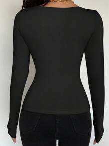 SHEIN Allurite Women Sexy Solid Color Stretch Knit Crew Neck Tie Decorative Button Long Sleeve Slim Fit T-Shirt, Versatile For Daily Wear Fall Cloth For Women - Black - View 2