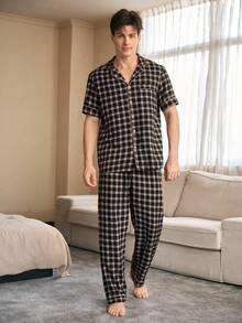 CoupledUp 格子印花撞色边开领男士休闲睡衣套装 - 黑色 - 查看 4
