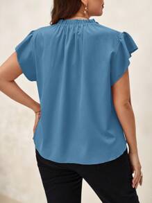 Chikora Plus Size Women's Solid Color Ruffle Trim V-Neck Casual Comfortable Blouse Women Plus Summer Dress Blouses For Women Plus Classy Tops For Women Office Tops For Women - Teal Blue - View 2