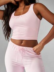 MISSGUIDED 弹力褶皱背心阔腿裤家居服睡衣套装休闲睡衣喇叭裤柔软舒适家居服室内休闲 - 粉色 - 查看 6