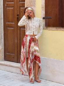 SHEIN ICON Bohemian Style Patchwork Print Asymmetrical Hem Women's Skirt, Vacation