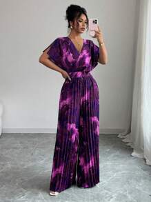 Elenzga Women's Elegant Commuter Floral Print Pleated Jumpsuit - Purple - View 5