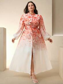 Anewsta Vestido largo para mujer de talla grande con mangas de farol, estampado digital naranja y cinturón para estilizar la figura - Naranja - Ver 6