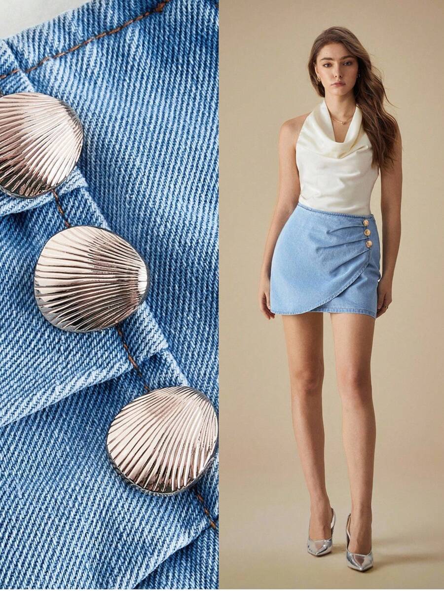 SHEIN Frenchy Damen einfacher lässiger einfarbiger Knopf Denim Rock Mini - Blau - Übersicht 1