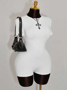 Amplova Plus Size Women 2pcs Set: Crew Neck Bodycon Romper With Metal Button Decor Waistband - Black and White - View 5