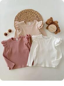 SHEIN 女婴时尚可爱精致小飞袖荷叶边家居三件套休闲纯色针织长袖上衣，多色时尚百搭秋冬款，柔软面料呵护宝宝娇嫩肌肤，是妈妈们的首选。买二送一！女婴时尚长袖上衣，女婴荷叶袖上衣，女婴长袖衬衫，幼儿荷叶袖上衣，新生儿女婴长袖衬衫，女婴罗纹上衣，秋季款 - 彩色 - 查看 2