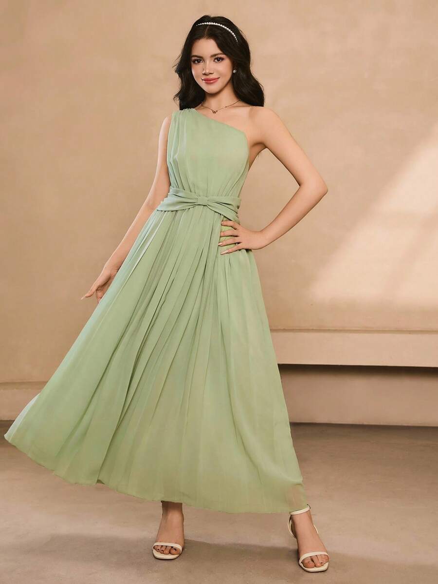 Elegant Pleated Waist Spaghetti Strap Dress, Suitable For Weddings, Back To School Season, Teens - Green - View 1