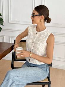 Serisse 女士花卉提花单排扣优雅背心夹克 - 米色 - 查看 6