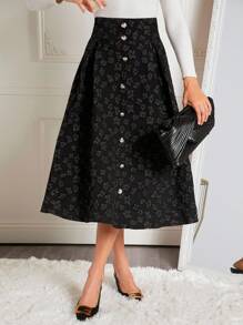 SHEIN Clasi 花卉圖案提花前紐扣喇叭半身裙 - 黑色 - 查看 4