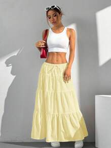 SHEIN EZwear Plus Size Women Solid Color Waist Tie Ruffle Hem Casual Skirt,Back To School - Yellow - View 10