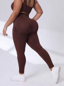 SHEIN Rhythm Era 女士加厚纯色宽腰运动紧身裤瑜伽裤 - 棕色 - 查看 4