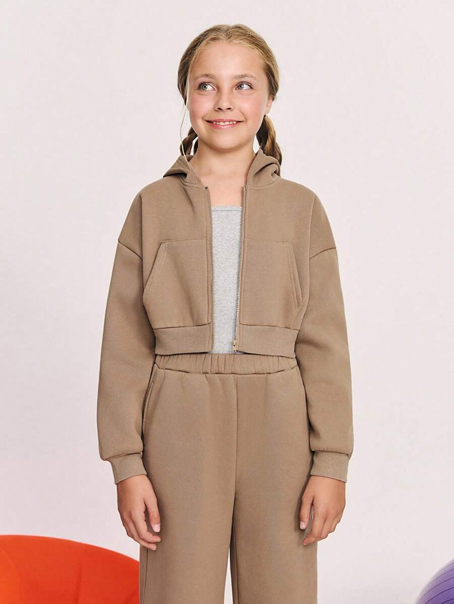 Leap Crew Leap Crew Bộ quần áo hoodie và quần dài thoải mái thường ngày cho bé gái tuổi teen có họa tiết in ở mặt sau - Màu Khaki - Xem 1