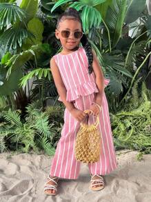 Bộ áo liền quần không tay hở vai họa tiết hoa nhỏ xinh xắn dành cho bé gái đi nghỉ mát - Hồng - Xem 5