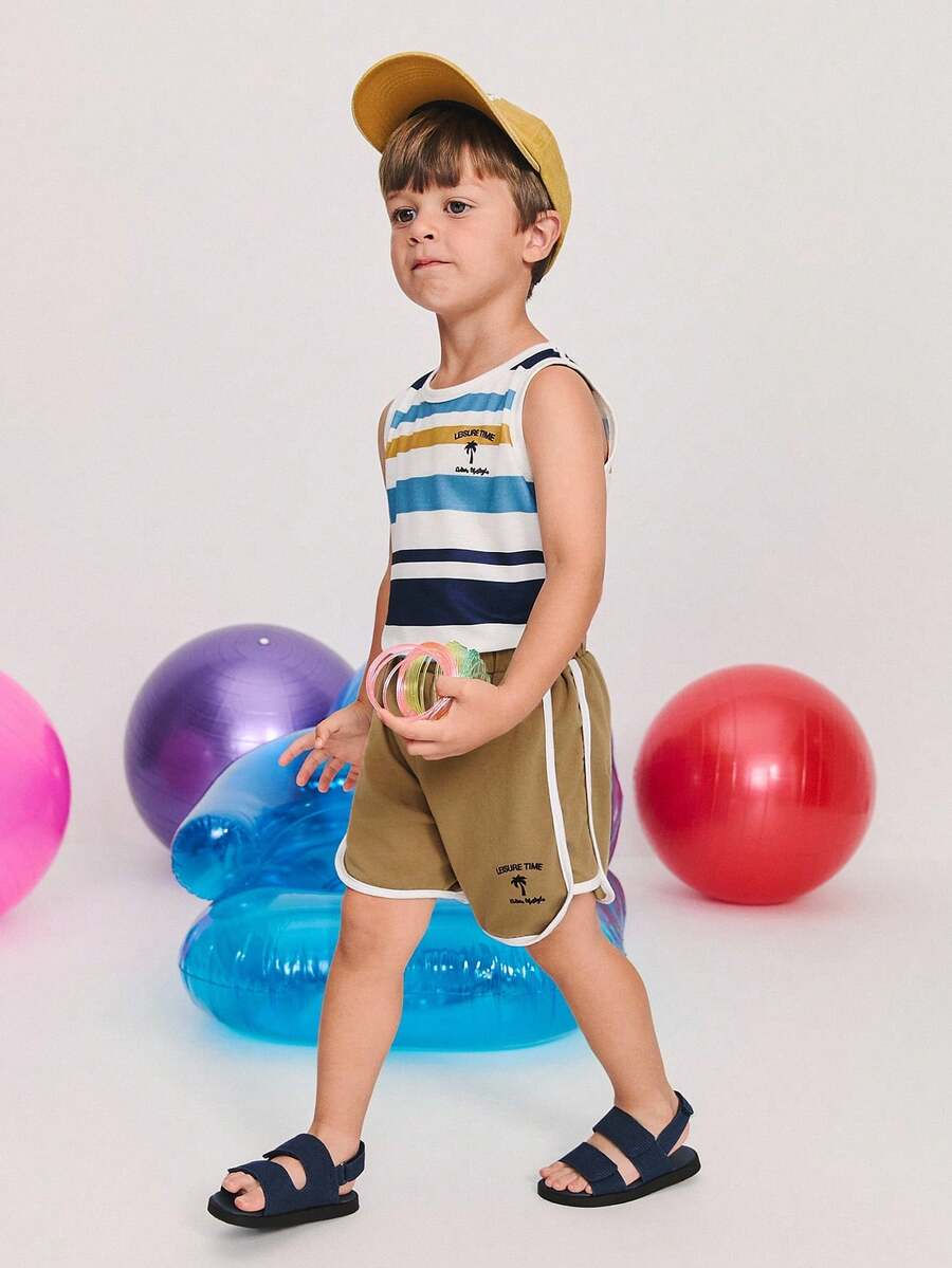 SHEIN Young Boy Casual Striped Round Neck Tank Top And Shorts Set, Comfortable And Minimalist Boys Summer Outfit - Khaki - View 1