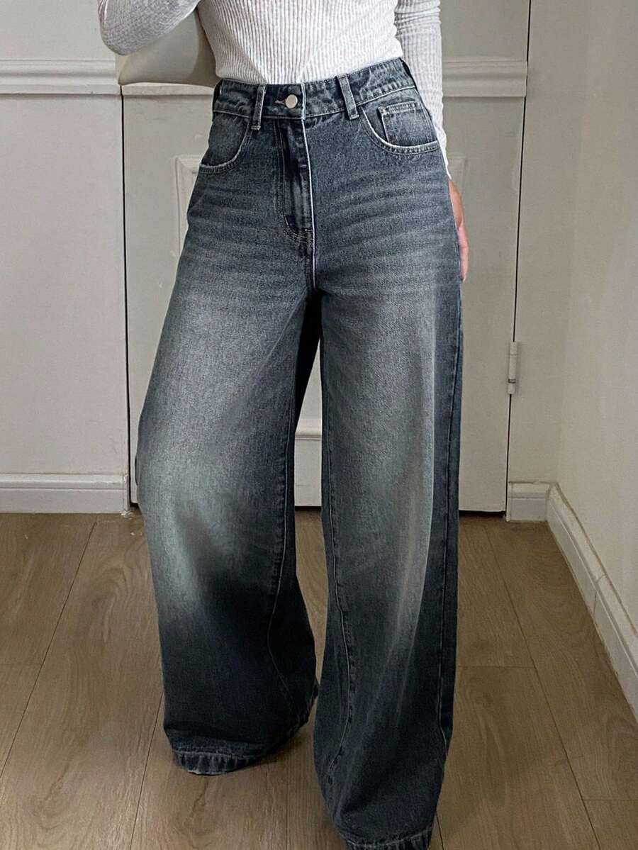 DAZY 女士宽松休闲直筒牛仔裤 - 中等水洗藍 - 查看 1