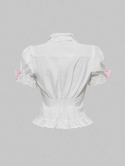 J-Fashion Lolita Summer Babydoll Kawaii Sweet 3D Bow Decor Puff Sleeve Women Blouse