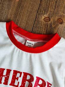 SHEIN Infant Girls 2-Piece Set: Red And White Cherry Print Crew Neck Top With English Letter And Embroidered Light Blue Cherry Denim Shorts, Adorable And Sweet Style, Classic Cherry Pattern, Loose Fit, Suitable For Outing, Leisure, Party, Showcasing Playful And Cute