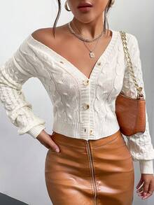 EURMUSE Plus Size Cable Flower Pattern Long Sleeve Single Breasted Casual Cropped Cardigan - White - View 5
