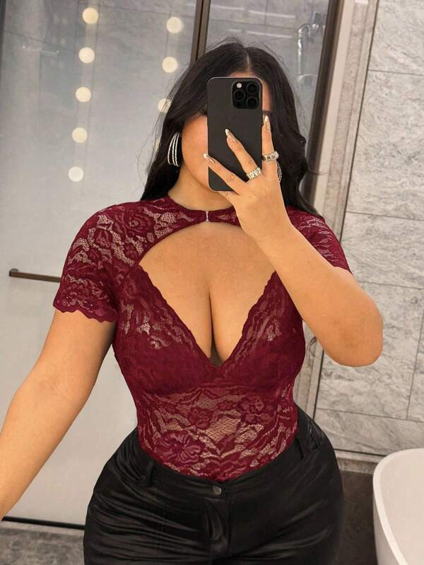 NU&NOW Plus Size Women's Sexy Solid Color Lace Hollow Out T-Shirt, Summer