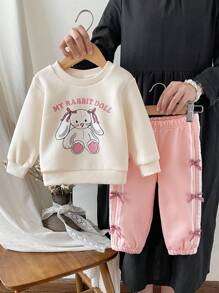 SHEIN 0-3 岁女婴幼儿休闲甜美蝴蝶和兔子印花长袖羊毛衫 + 裤子 2 件套服装套装，春夏 - 粉色 - 查看 3